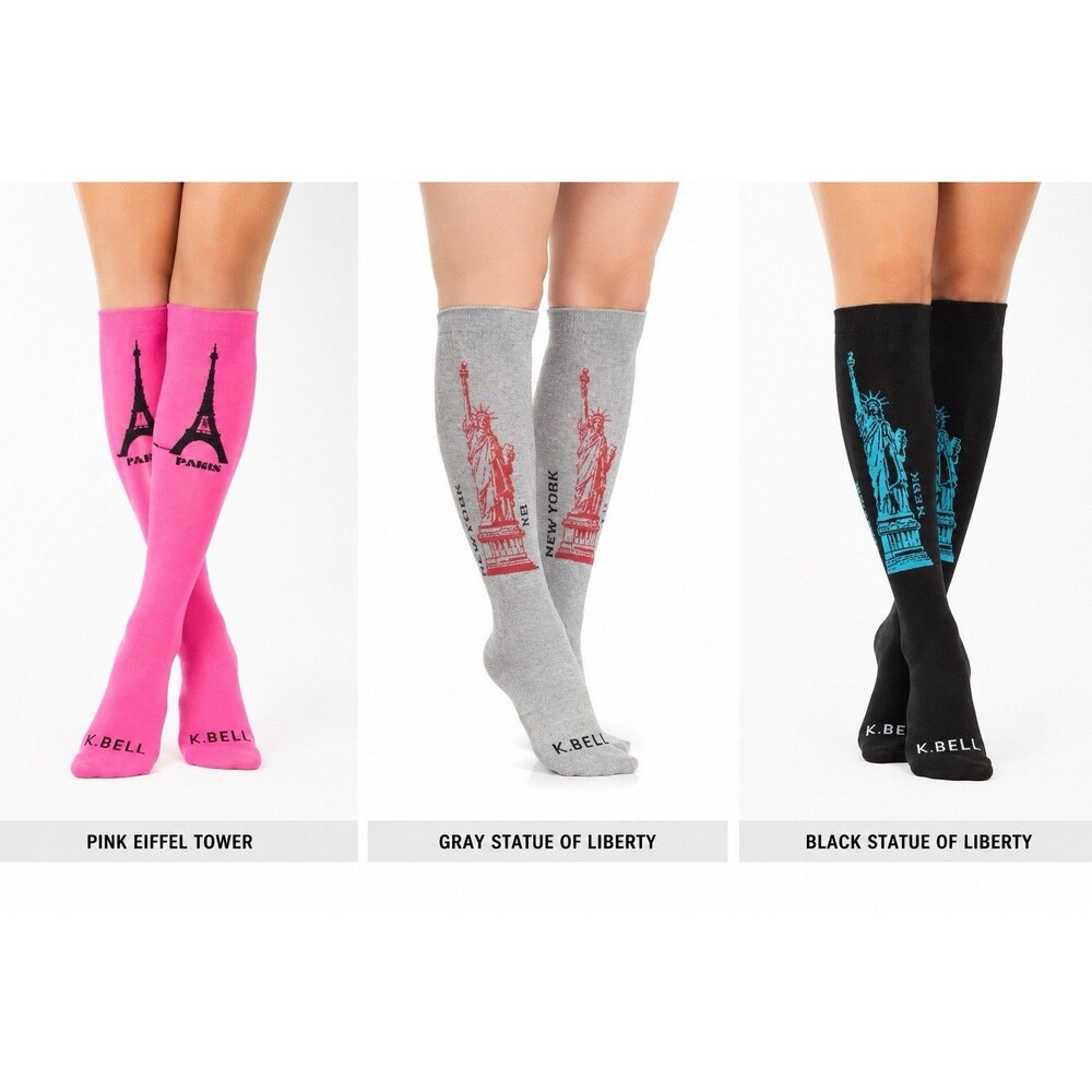 K Bell Knee High Socks Women’s 3 Pack Paris NYC Statue Novelty
